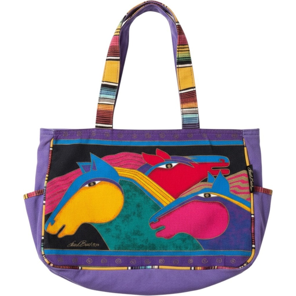 Laurel Burch Purple Canvas Horse Tote Bag Multi Color Graphic Shoulder Bag Art